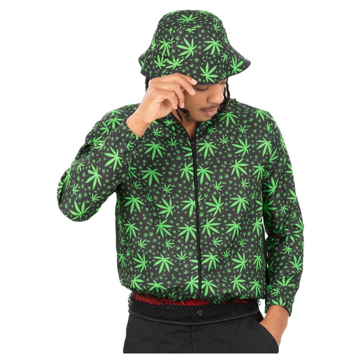 Smiffys 90s High On Life Costume Bomber Jacket & Bucket Hat, 1990's Fancy Dress, Bold Neon Green Leaf Print, Fancy Dress Outfit for Festivals, Raves and Themed Parties, Large