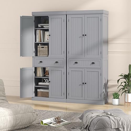 Miniatura 9 de Armario independiente de despensa de cocina, armario de madera de 6 pies con 4 estantes ajustables, 2 despensas de madera y 1 cajón, armario de