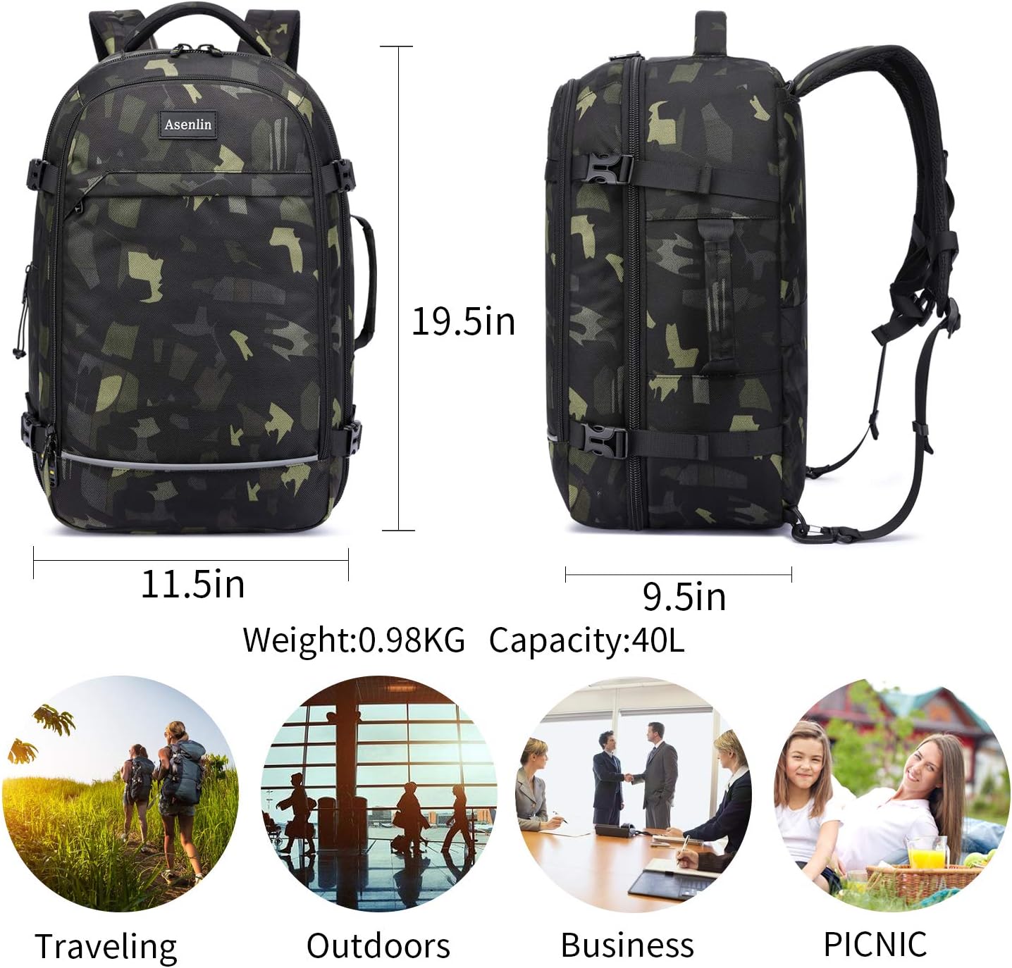 Get Popular Offer Asenlin 40L Travel Backpack for Women Men，17 Inch Laptop Backpack Flight Approved Luggage Carry On Water Resistant Computer Backpack for Weekender Overnight Large Daypack Woodland Camo