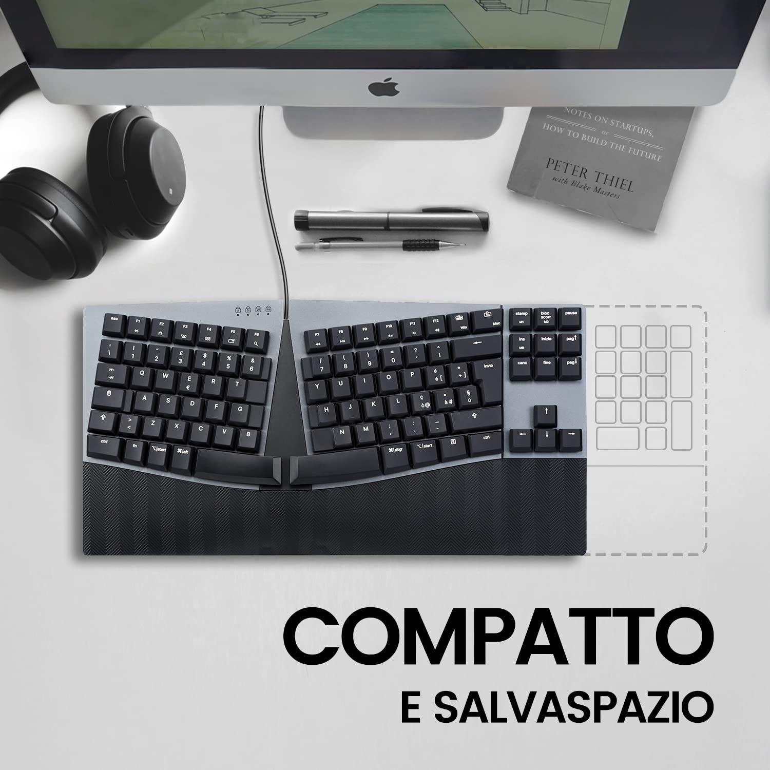 Perixx PERIBOARD-335BL Tastiera meccanica ergonomica compatta a filo - Tenkeyless - Tasti Clicky blue a basso profilo - Tasti macro programmabili-Compatibile con Windows e Mac OS X - Layout QWERTY