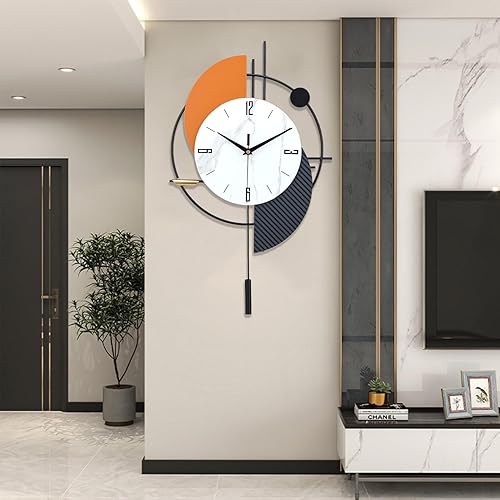 Miniatura 2 de FILLOVE Reloj de pared decorativo grande con péndulo para sala de estar, manecillas de metal, esfera blanca con acento naranja, reloj de pared de