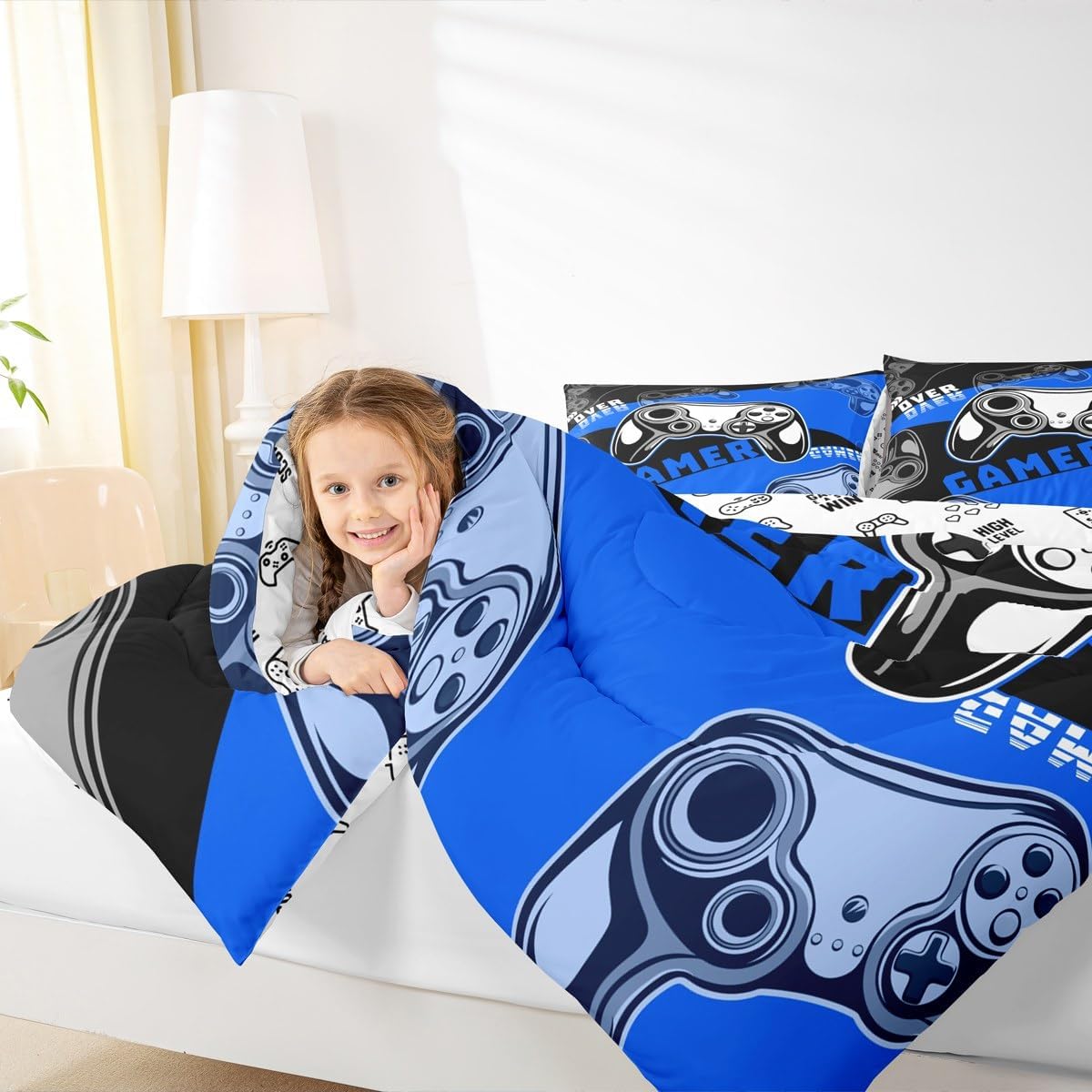 Erosebridal Gamer Comforter Sets for Boys Black and Blue Gaming Twin Size Bedding Set Kids Video Game Bed Comforter Set Teens Gamepad Quilt Set All Season, 1 Comforter with 1 Pillowcase