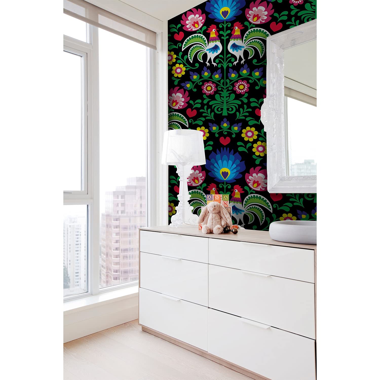 Papier peint cuisine et salon motif folklorique rouge Coloray pour relooker un meuble de chambre