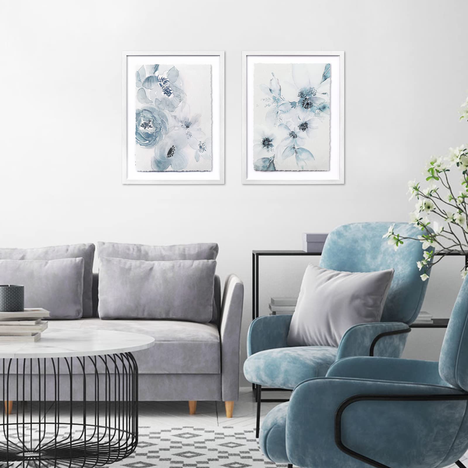 ArtbyHannah 2 Pack 12x16 Inch Framed Deckled Edge Floral Wall Art Decor with Watercolor Blue Flowers Bouquet Decorative White Frame, Wall Art Print for Home Decoration