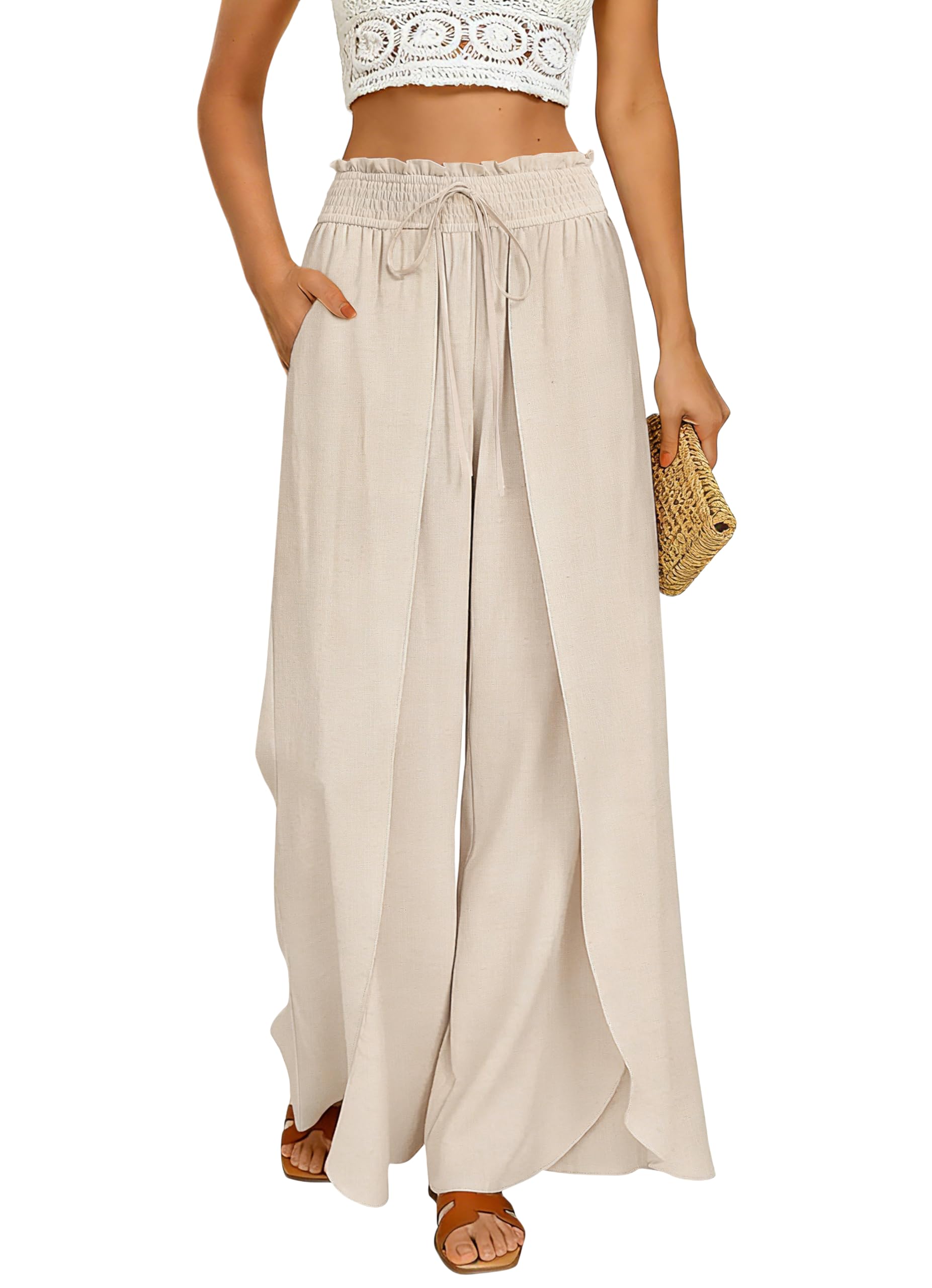 GRACE KARIN Womens Wide Leg Summer Pants Flowy Side Split Palazzo Beach Pants Boho Drawstring High Waisted Trousers