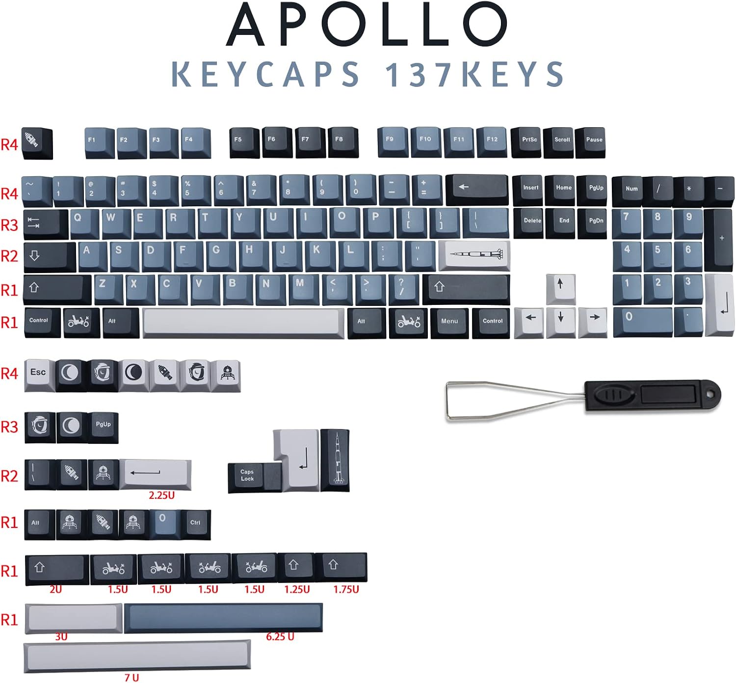 MOLGRIA Keycaps Areospace Apollo Theme 137 Set for Mechanical Keyboard, Custom PBT Cherry Profile Key Caps with Keycap Puller for Gateron Kailh Cherry MX Switch 108/104/87/84/74/68/64/61 Keyboard