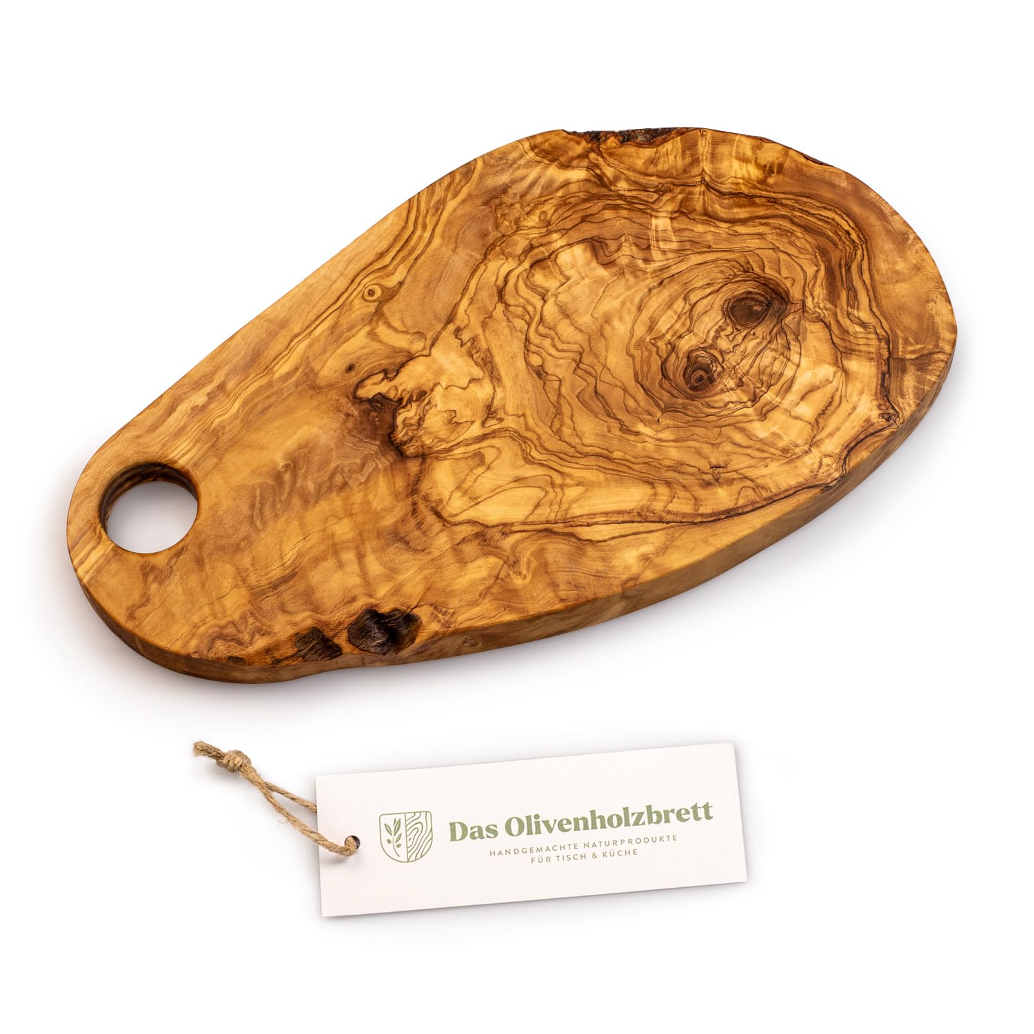 DAS OLIVENHOLZBRETT® Schneidebrett Olivenholz/Antipastibrett/Vesperbrett/Servierbrett/Chacaturieboard/Brotzeitbrett mit naturbelassenem Rand, / mit Loch zum Servieren 35cm