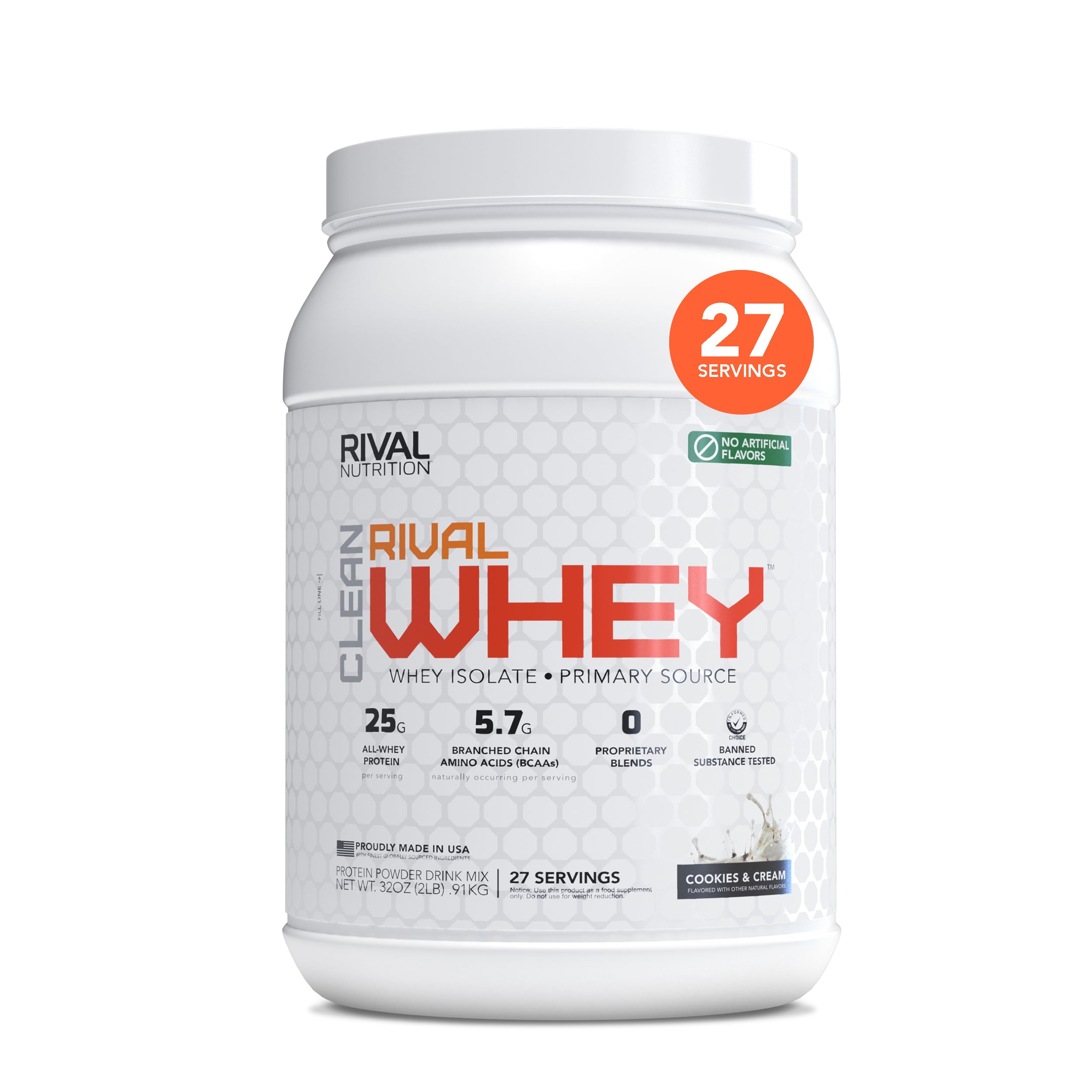 RIVAL NUTRITION Clean Rival Whey – 2LB Cookies and Cream – 100% Whey Isolate Primary Source Protein Powder | 25g Protein for Muscle Gain & Recovery | All Natural, No Artificial Flavors - 27 Servings
