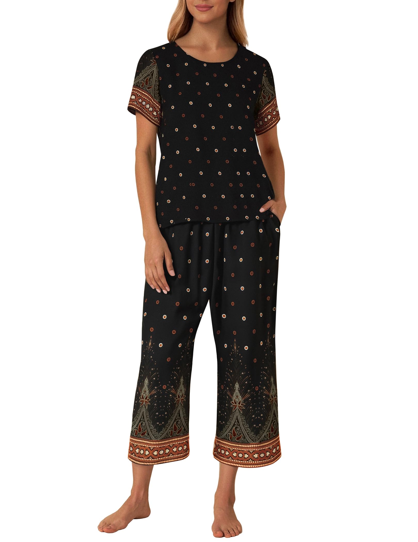 Ekouaer Women's Two Piece Lounge Set Short Sleeve Shirt and Capri Pants Mumu Pajama with Pockets Loungewear Pjs Sets