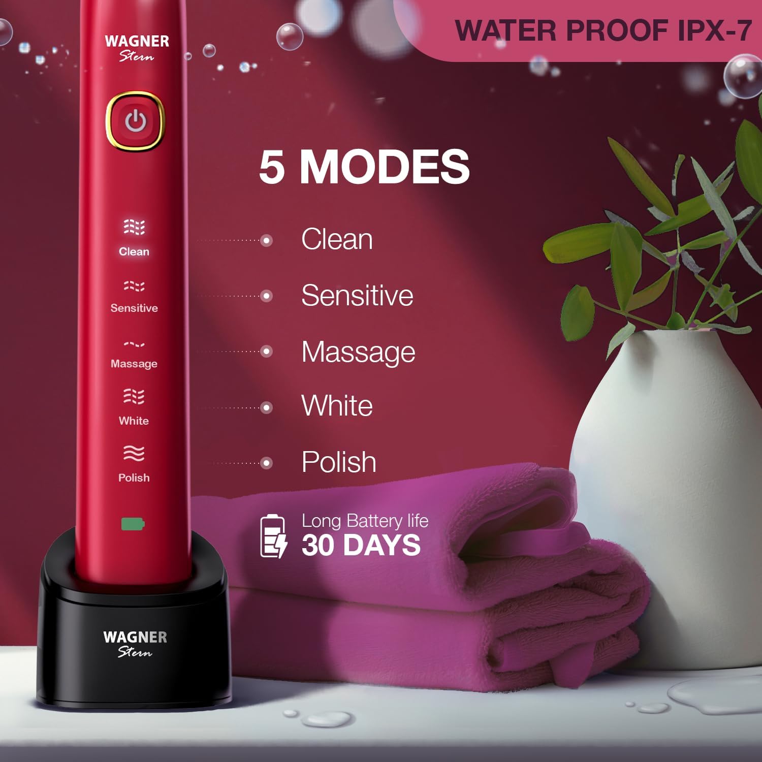 Wagner Stern The Ruby Red Edition ultrasonic whitening Electric Toothbrush Features Five Brushing Modes, Eight Soft Brush Heads, and a Premium Travel case. - Image 2