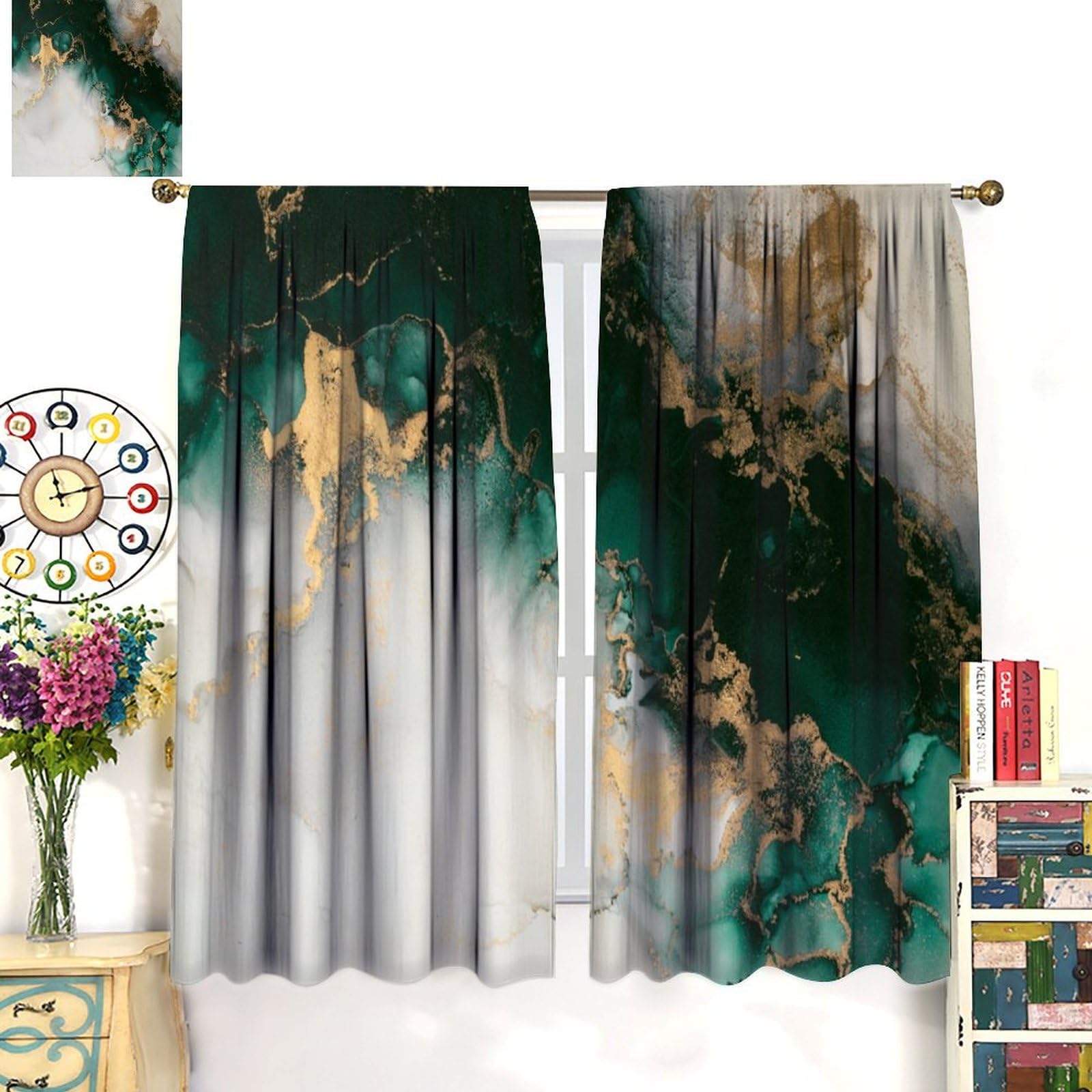 Emerald Green Marble Blackout Curtains，Abstract Gold Marble Modern Navy Blue Aesthetic Ink Luxury Texture Pattern Drapes Window 2 Panel Rod Pocket