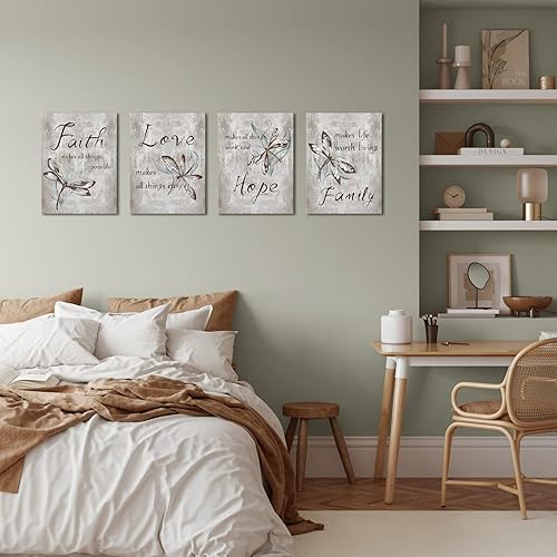 Miniatura 5 de iKNOW FOTO 4 piezas de pintura de insectos, libélula en lienzo, impresiones artísticas de pared con frase de fe, amor, esperanza, cita familiar,