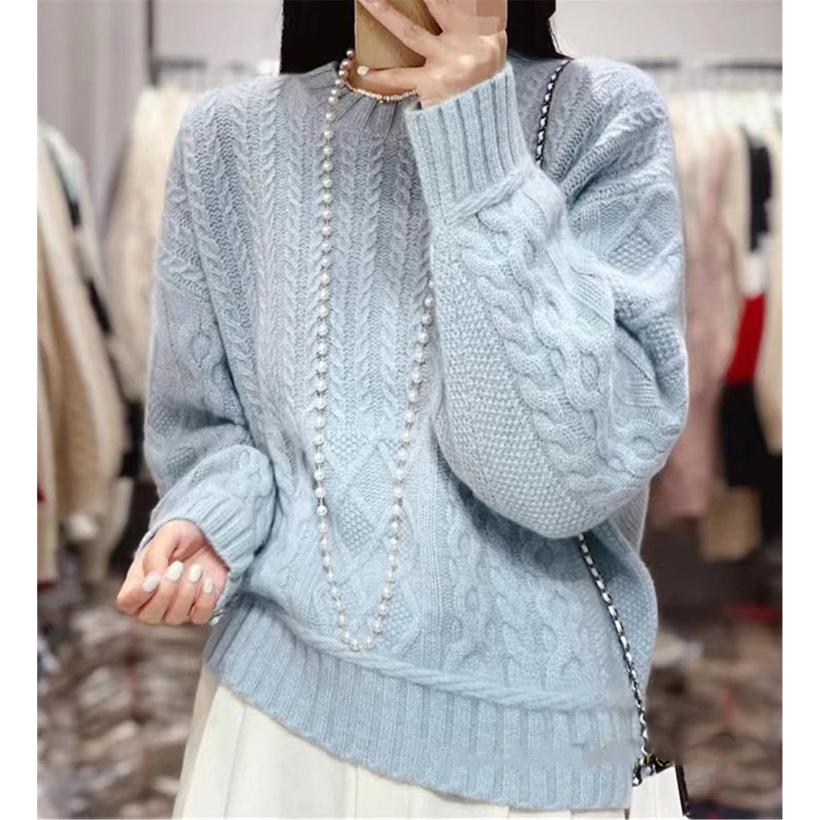 Kelsiop Maglione in lana cashmere maglione girocollo da donna primavera e autunno moda maglione sciolto spesso