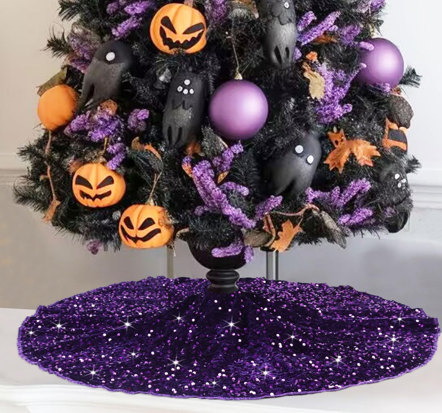 Purple Sequin Velvet Christmas Tree Skirt Decorative Sequined Tree Skirts 21 Inch Sparkle Christmas Skirts for Slim Trees Personalized Tree Cover Collar for Halloween Christmas Tree Skirt Decor