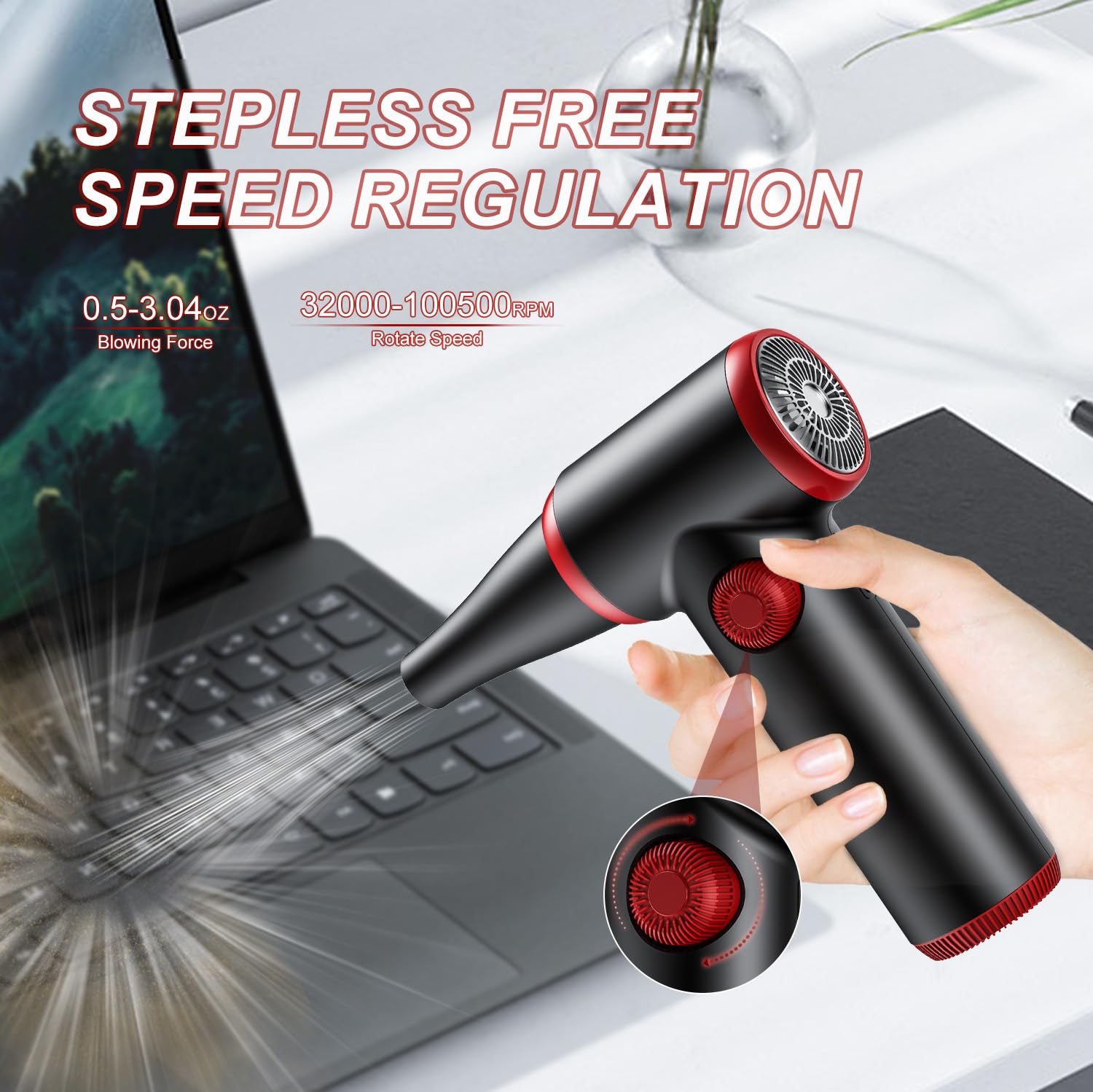 ATEngeus Compressed Air Duster, Stepless Speed Electric Air Duster, 100500RPM Cordless Air Duster with LED Light, Rechargeable Air Blower Replaces Canned Air, Keyboard Cleaner for Laptop, PC