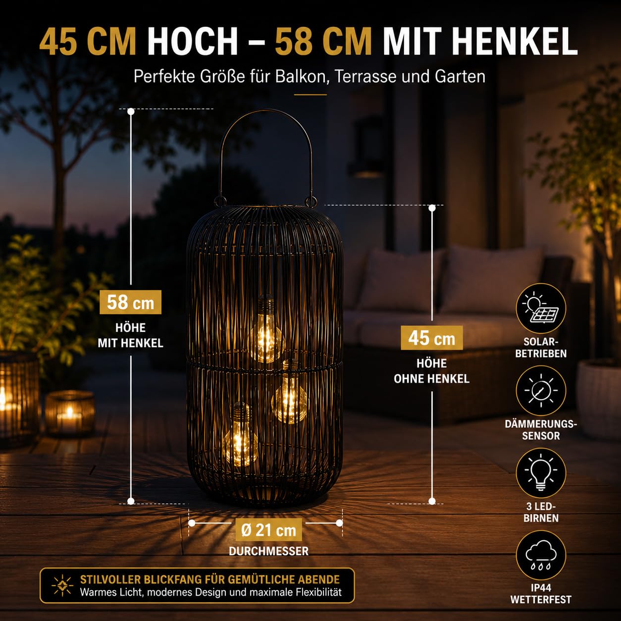 formano Solarlaterne Außen Rattan Look 45 cm mit 3 LED Birnen & Sensor