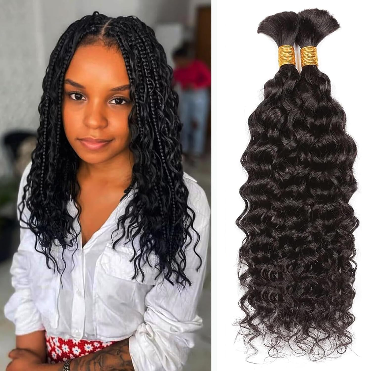 Lot de 2 extensions de cheveux humains ondulés pour tresser - 100 g - 100 % cheveux humains brésiliens non transformés - Sans trame - Couleur naturelle - 35,6 cm - 100 g