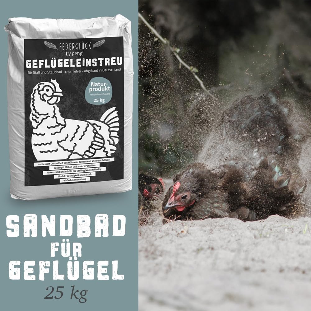 Petigi Federglück Bain de Sable pour Poules, Pigeons et volailles Protection 100% Naturelle Contre Les acariens 25 kg Bain Sec Anti-acariens