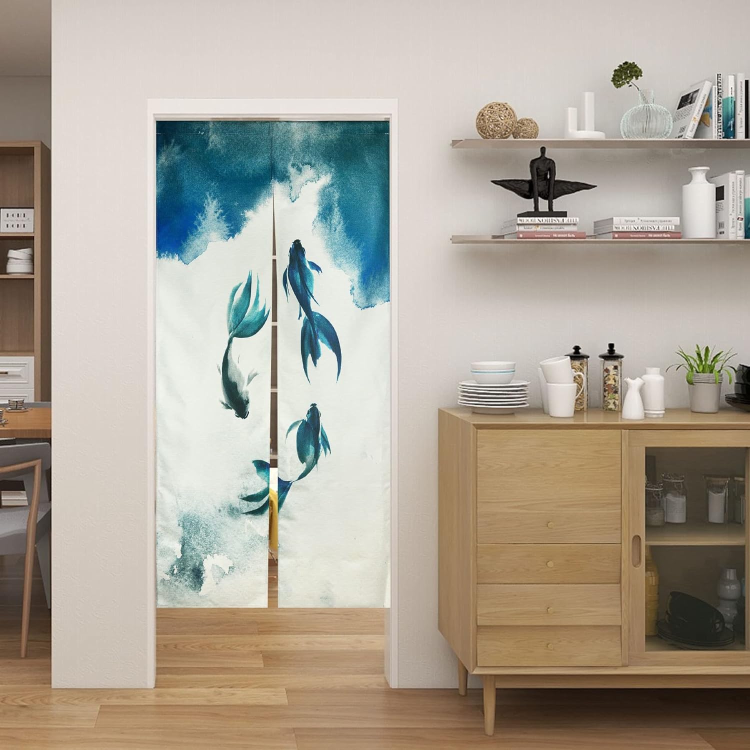 LIGICKY Chinese Ink Style Long Japanese Noren Doorway Curtain Linen Koi Fish Printed Asian Window Treatment Hanging Door Tapestry for Sushi Kitchen Home Decoration 33.5" Width x 70.9" Long