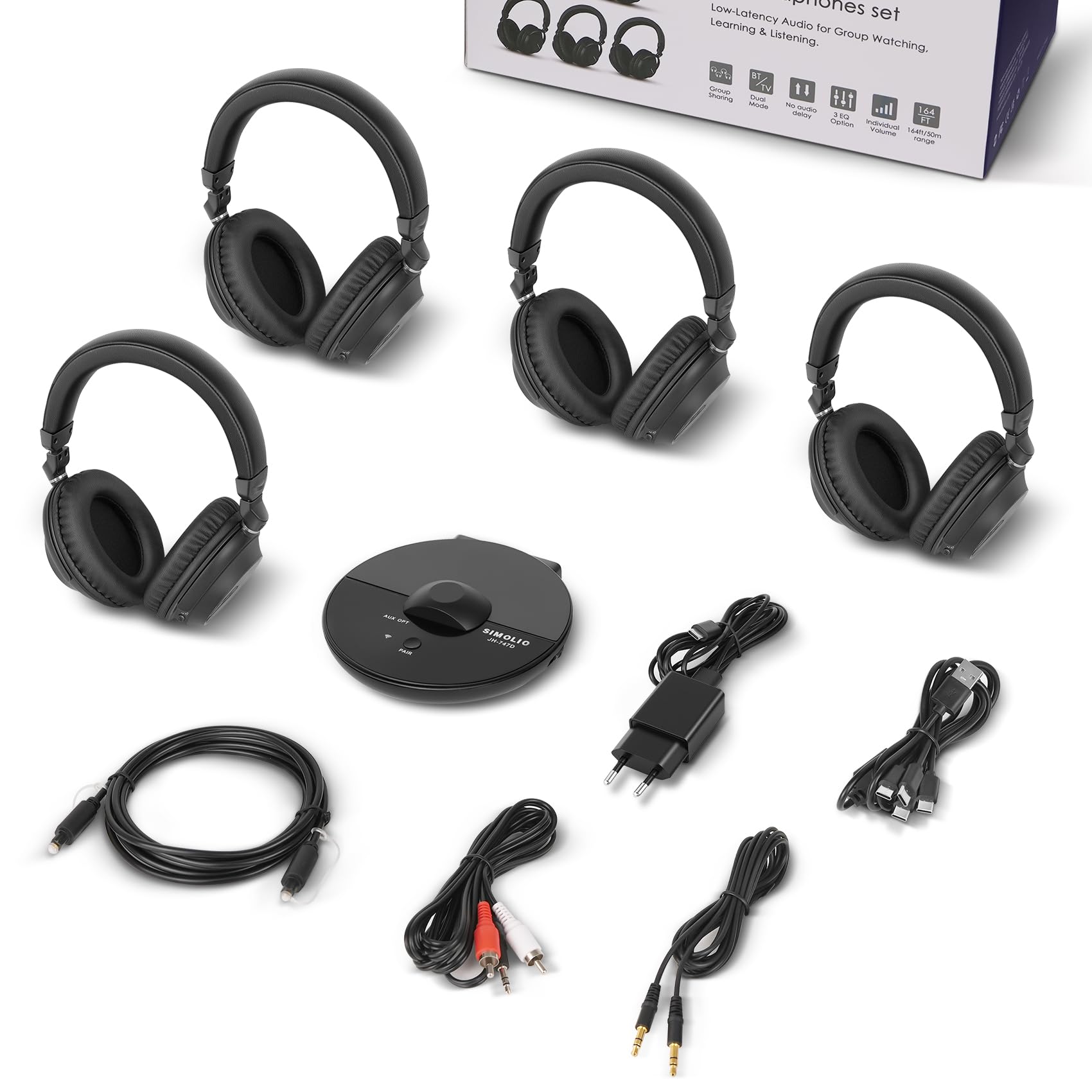 SIMOLIO Bluetooth TV Funkkopfhörer mit klarem & lautem Klang – Kabellose Kopfhörer & Sender für Gruppenhörer für Partys, Silent Discos, Kirchen, geringer Latenz TV – mehrere wiederaufladbare Headsets | 4 Kopfhörer mit Sender, geringe Latenz, leises Disco-