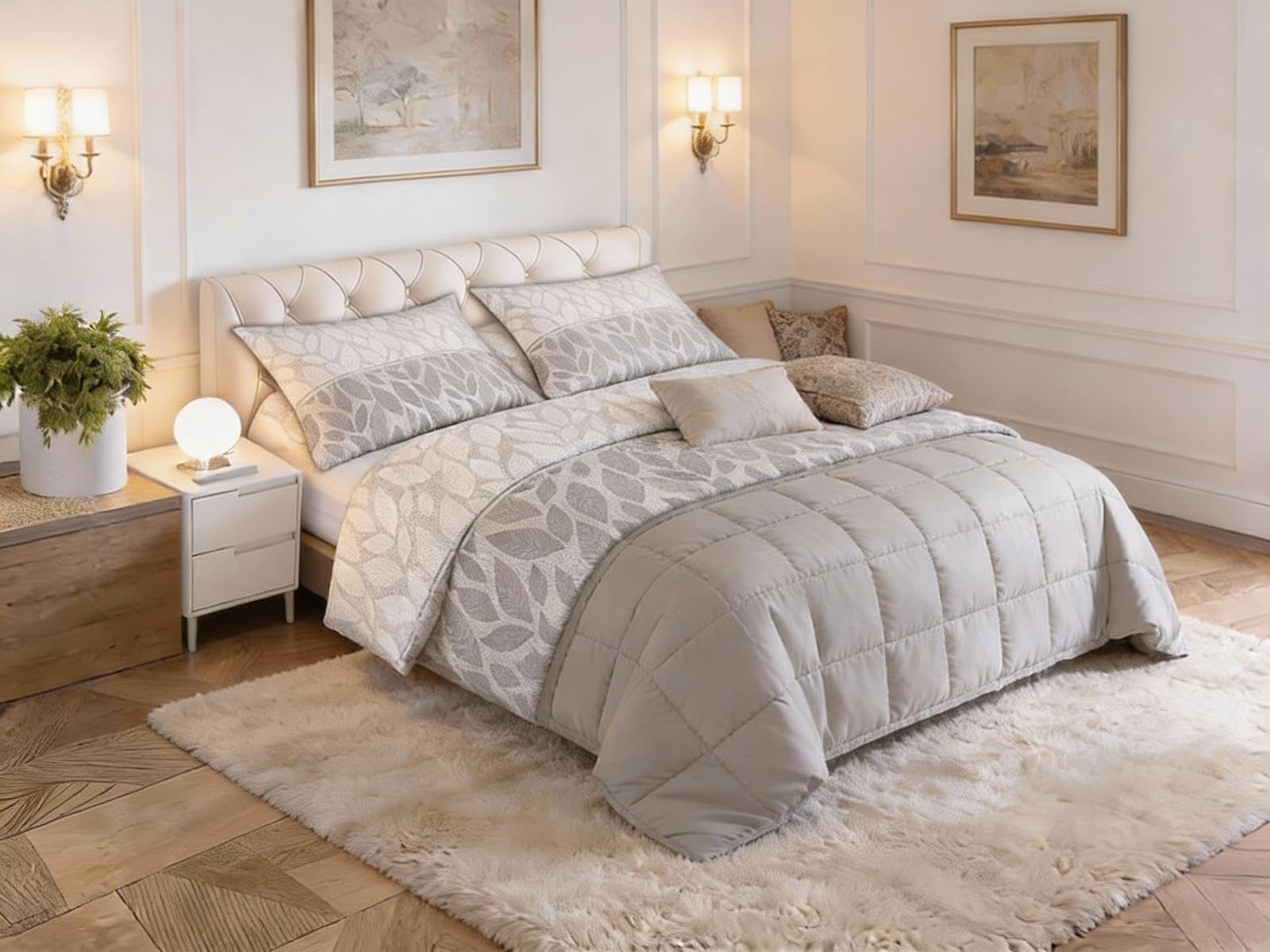 L'Emporio Casa Set Lenzuola Completo Matrimoniale di Cotone 100% Morbidissime Eleganti - Varie Fantasie (Fogliolina Grigia)