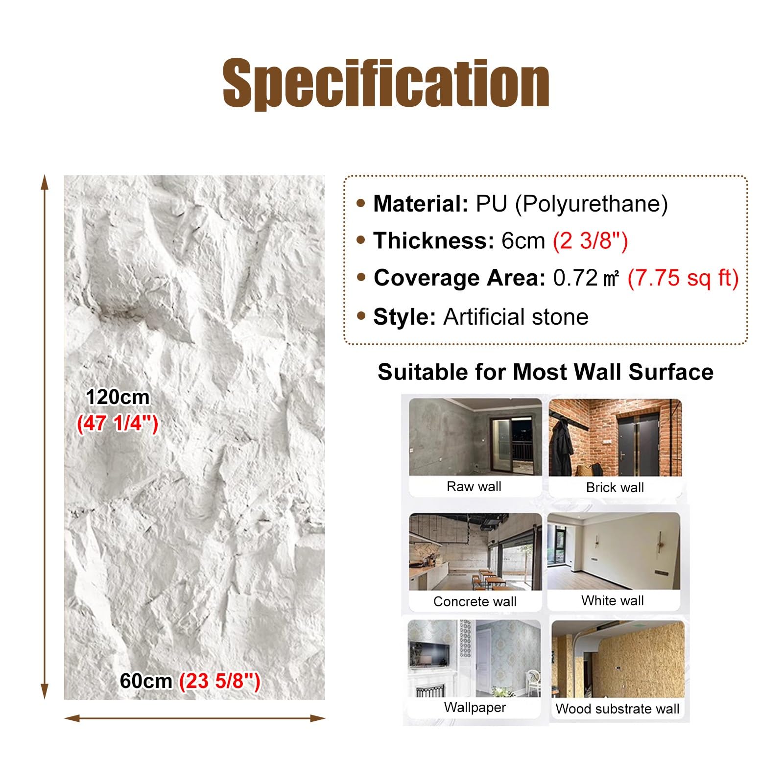Paneles de pared de piedra sintética 3D, revestimiento decorativo de 60 mm de grosor para paredes interiores, ideal para sala de estar, dormitorio, decoración de hotel