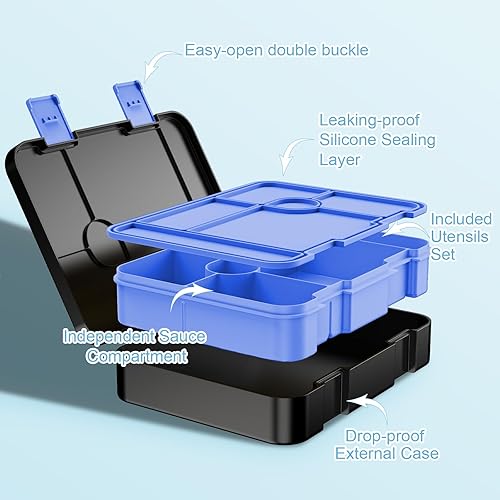 Miniatura 8 de Bevalsa Lonchera Bento para niños con 6 compartimentos, botella de agua de metal de acero inoxidable, bolsa aislada y utensilios, contenedor de