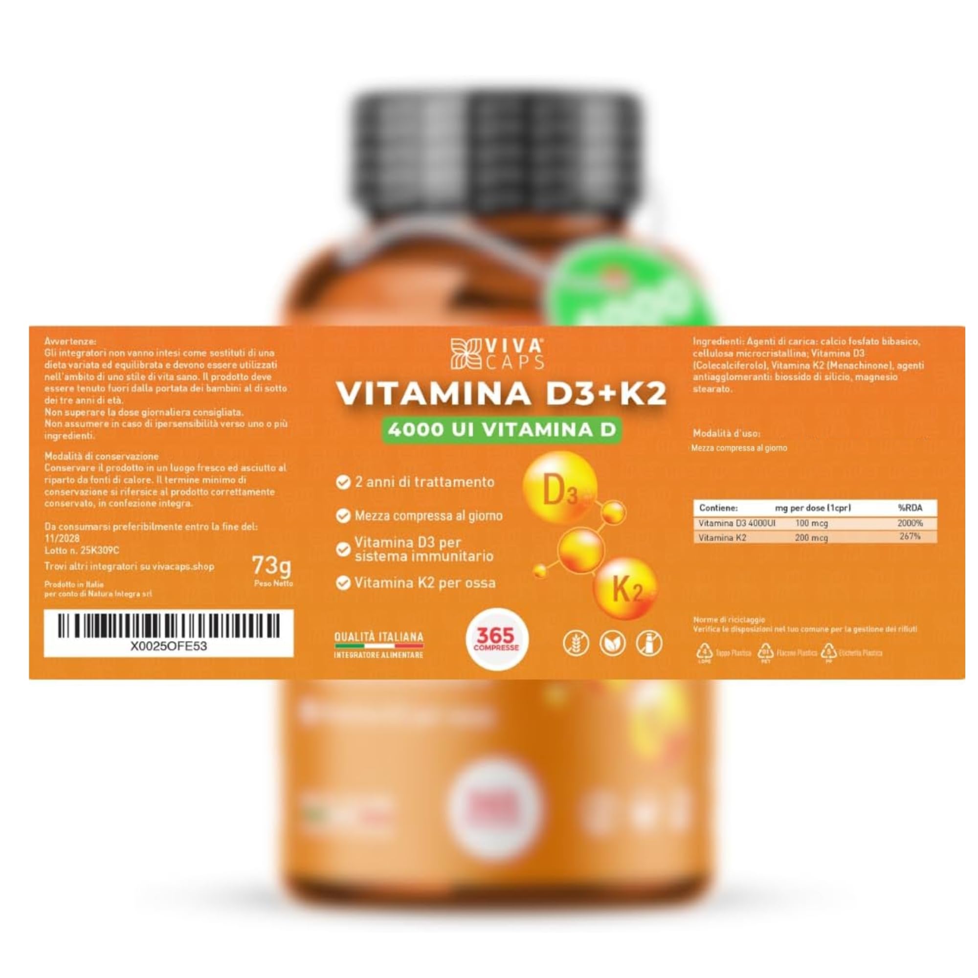 Vitamina d3 k2 mk7 vegana alto dosaggio 365 Micro compresse, Vitamina d3 4000 ui e 200 mcg di Menachinone per sistema immunitario, ossa e denti - Made in italy