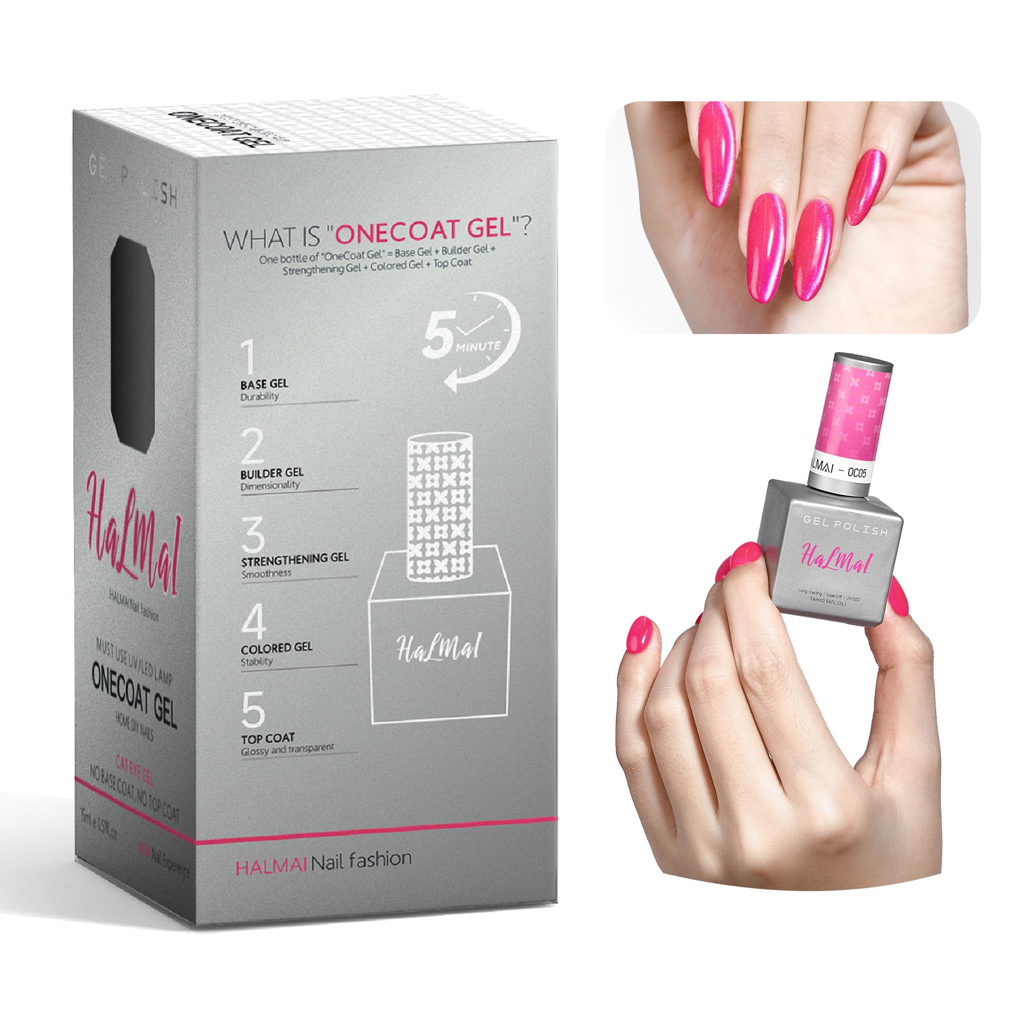 HALMAI Smalto Semipermante Cat Eye OneCoat con Magnete 5 in 1 per Unghie (Base, Colore, Ricostruzione, Rinforzante, Top Coat) -Regalo per Unghie Fai da Te, Ideale per Principianti & Casa (Rosa cipria)