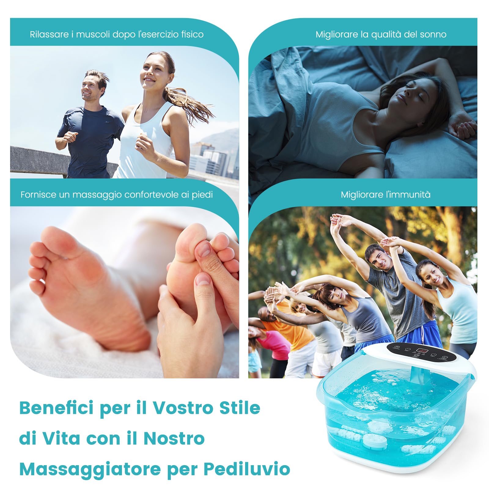 RELAX4LIFE Pediluvio Massaggiatore per Piedi con Rulli Massaggianti, Funzioni Riscaldamento 35℃-46℃, Vibrazioni, Bolle, Pietra Pedicure,Spenimento Automatico 1 Ora,Cavo 183cm,33x39x18cm (Eisblau)