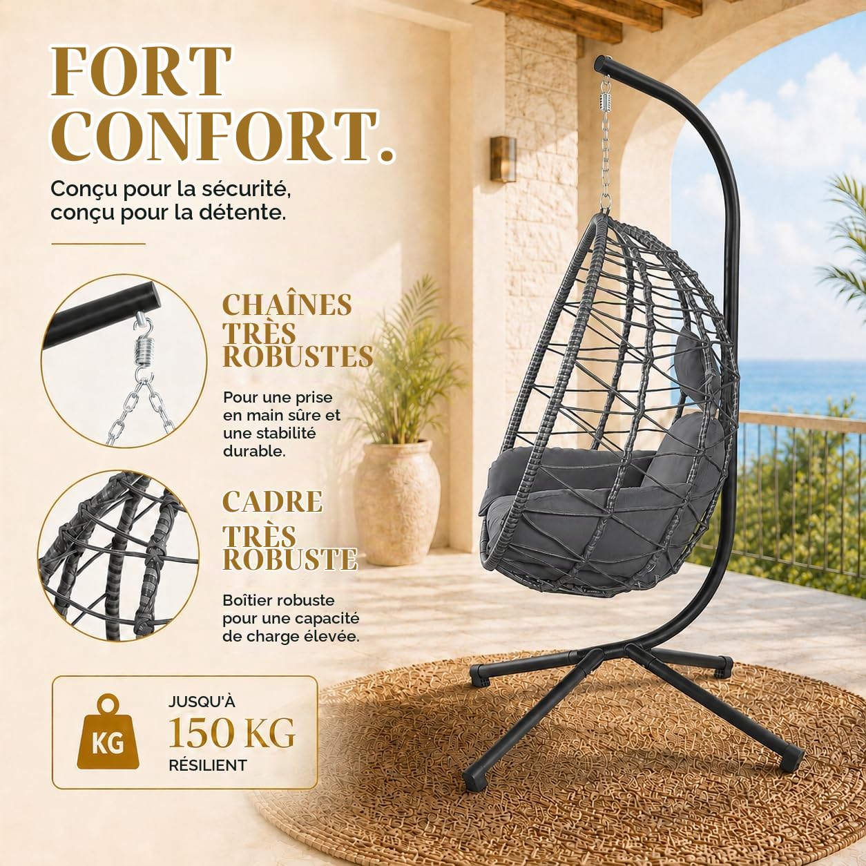 Fauteuil Suspendu avec Armature Coussins pour l'intérieur et l'extérieur - Balançoire Suspendue Rotin Base Robuste Jusqu'à 150 kg Hauteur Réglable - pour Salon, Balcon, Terrasse en Gris