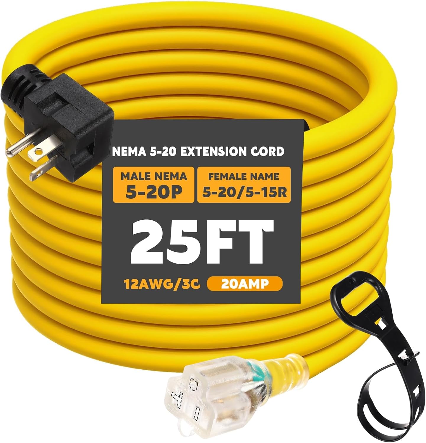 Kanayu 25FT NEMA 5-20 Extension Cord, 5-20P Male Plug to 5-20/5-15R Female Receptacle, 20 Amp T-Blade Outlet Extension Power Cord with Indicator Light, 12 AWG, ETL Listed