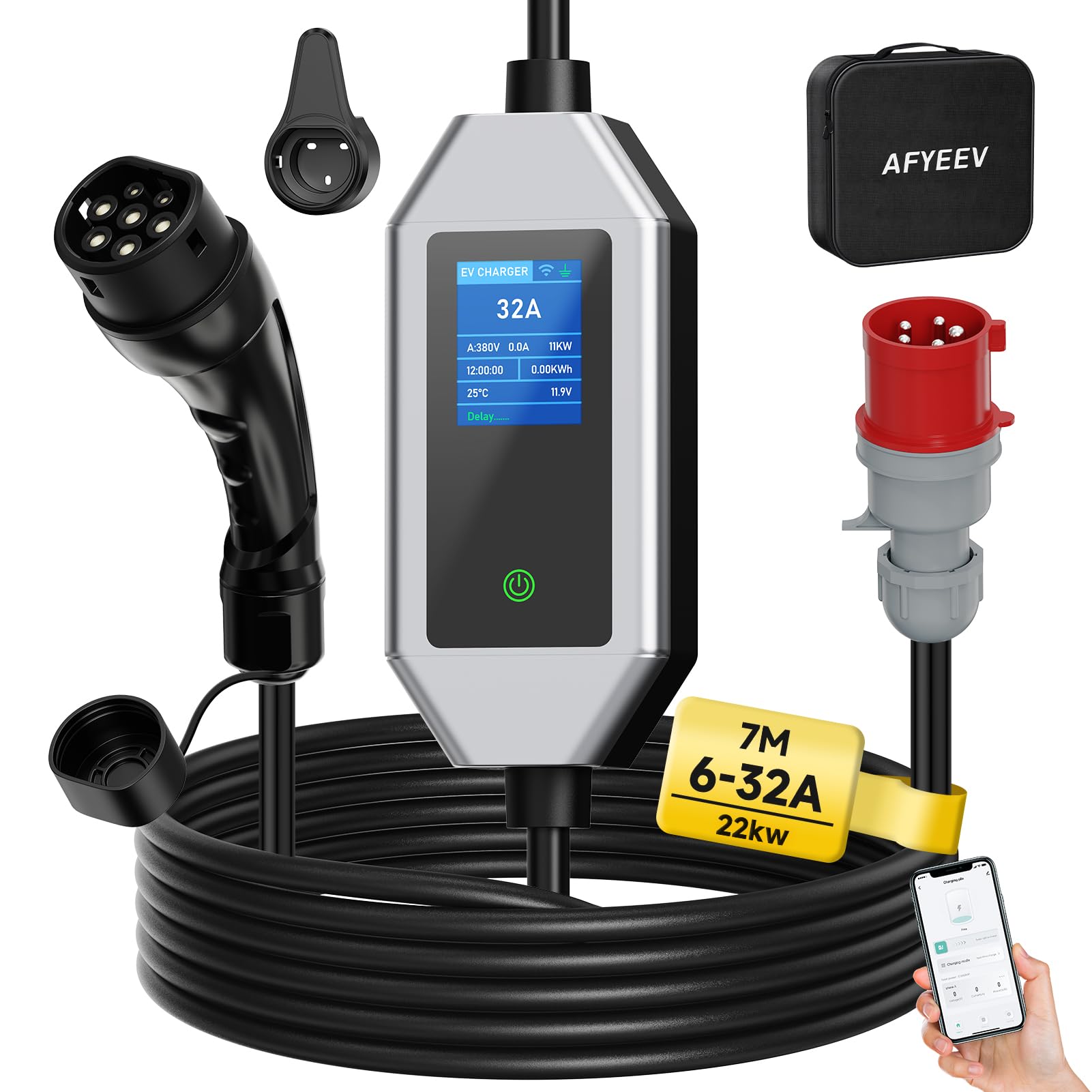 Wallbox 22KW [3-phasi|7m|6-32A] con App y Cable de Carga 32A Tipo 2 Schuko CEE, Mobile Wallbox Ladestation para el hogar