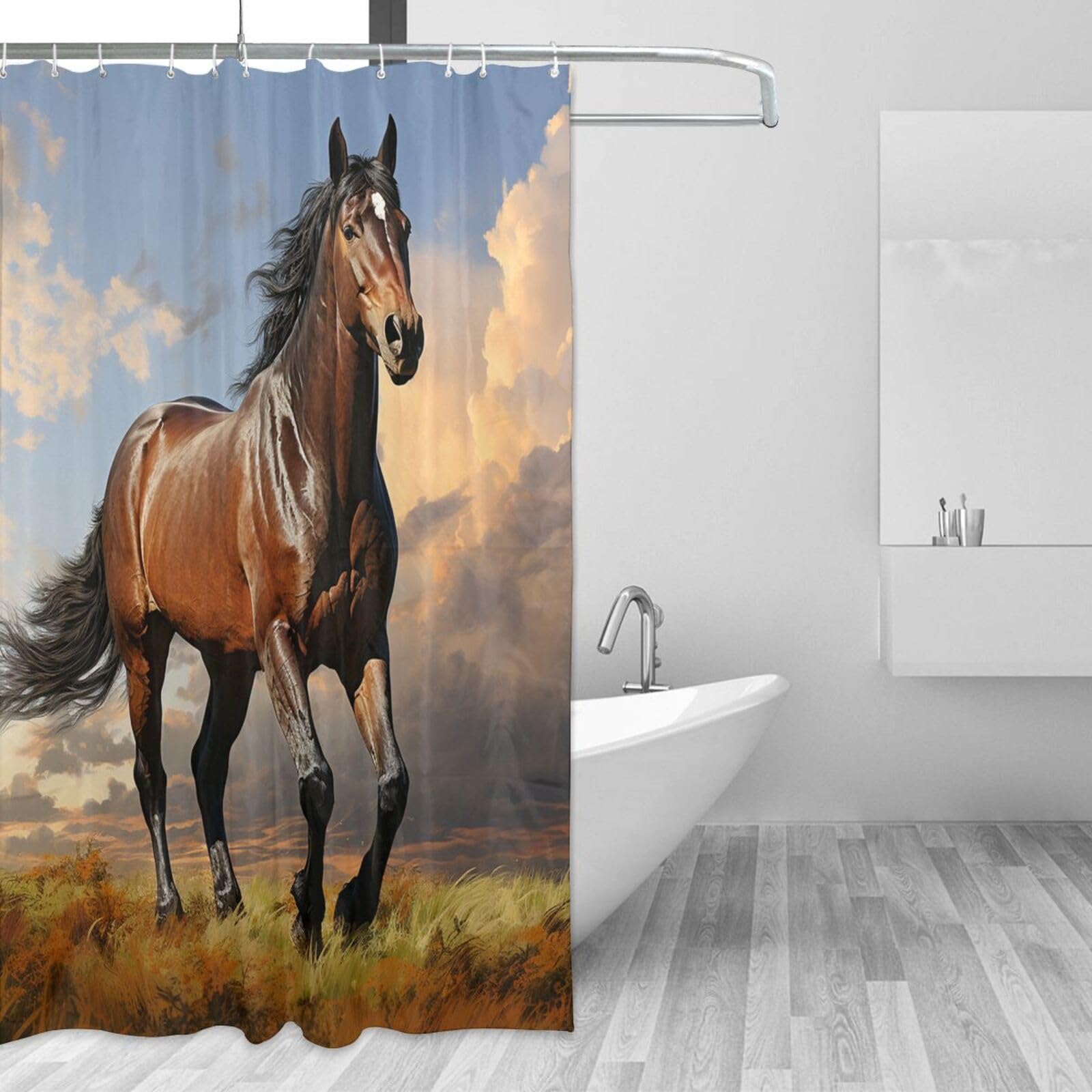 Rideau de douche imperméable cheval 183x183 cm avec 12 crochets pour salle de bain