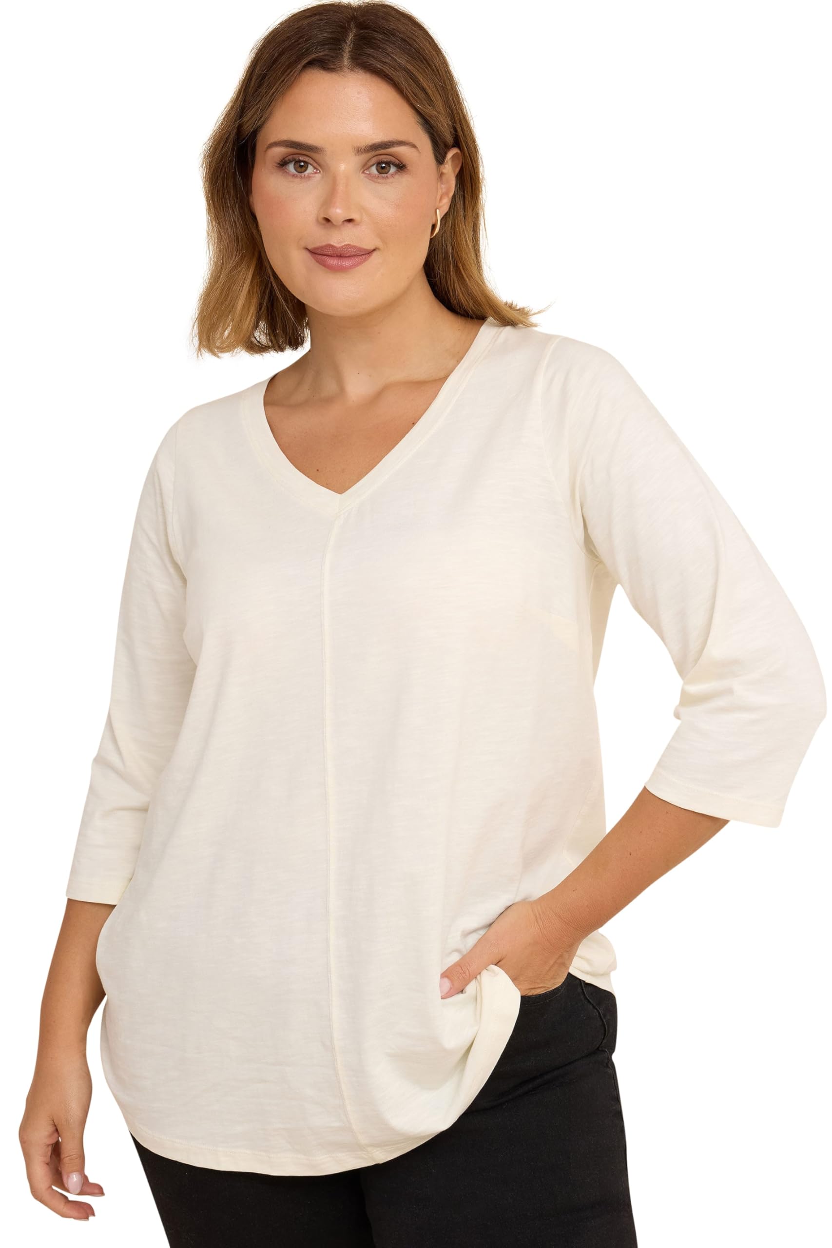 Evans Women's Ivory Curve White V-Neck Cotton Top - Plus Size Curve