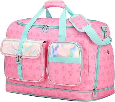 PIG PIG GIRL Womens Large Travel Bag with Shoe Compartment and Wet Pocket for Gym Yoga Overnight Weekender, Carry on Duffle, Pink