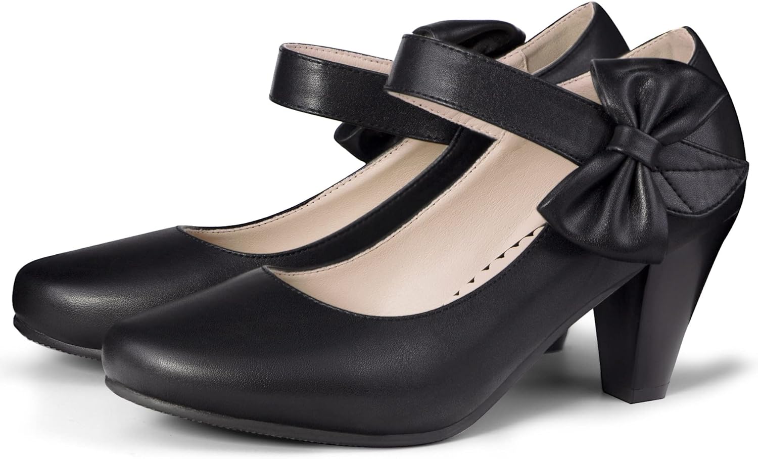 Elerhythm Women's Mary Jane Vintage Heels with Bow 1950s Pumps Closed Toe 1920s Victorian Sweet Ankle Strap Elegant Comfortable Formal Dressy Ladies Shoes (Black US9)
