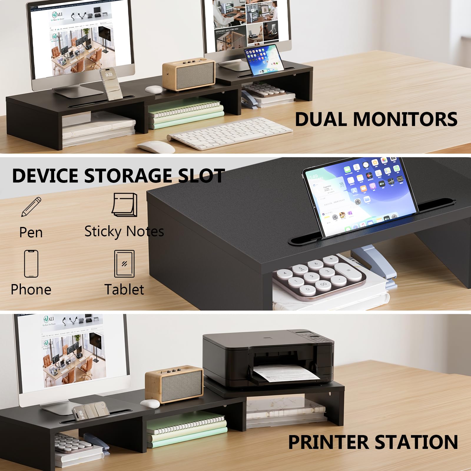 WALI Extra Long Wooden Dual Monitor Stand Riser with 2 Slots, up to 22lbs view 5