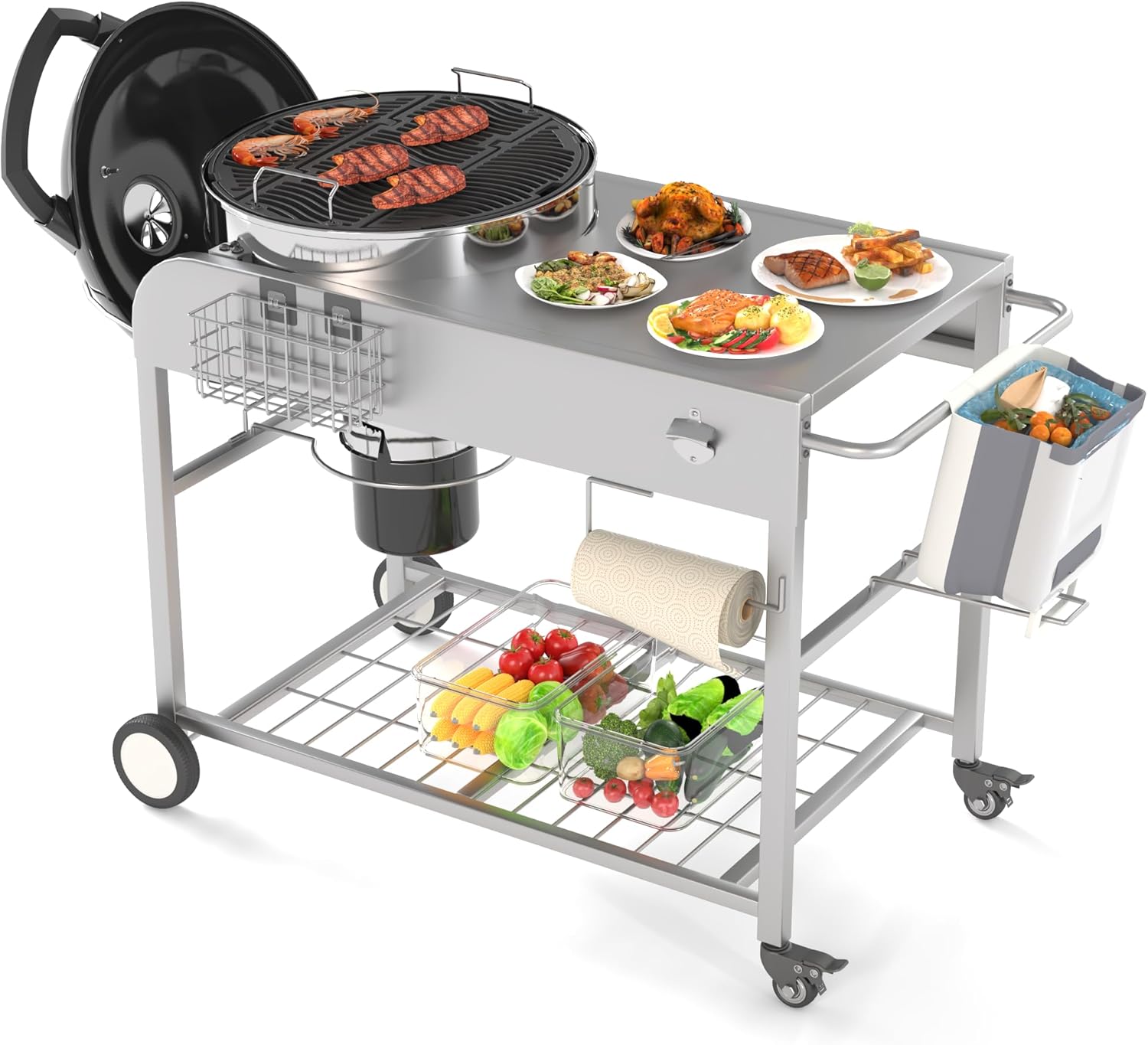 AECOJOY Weber Grill Table, Outdoor Grill Cart Table for 18" & 22" Original Kettle Grill Stand with Wheels, Outdoor Prep Table for Weber Original Kettle,Jumbo Joe