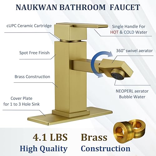 Miniatura 2 de Grifo de lavabo de baño de una sola manija, boquilla giratoria de 360 de oro cepillado, 1 agujero, grifo moderno de latón sólido con drenaje