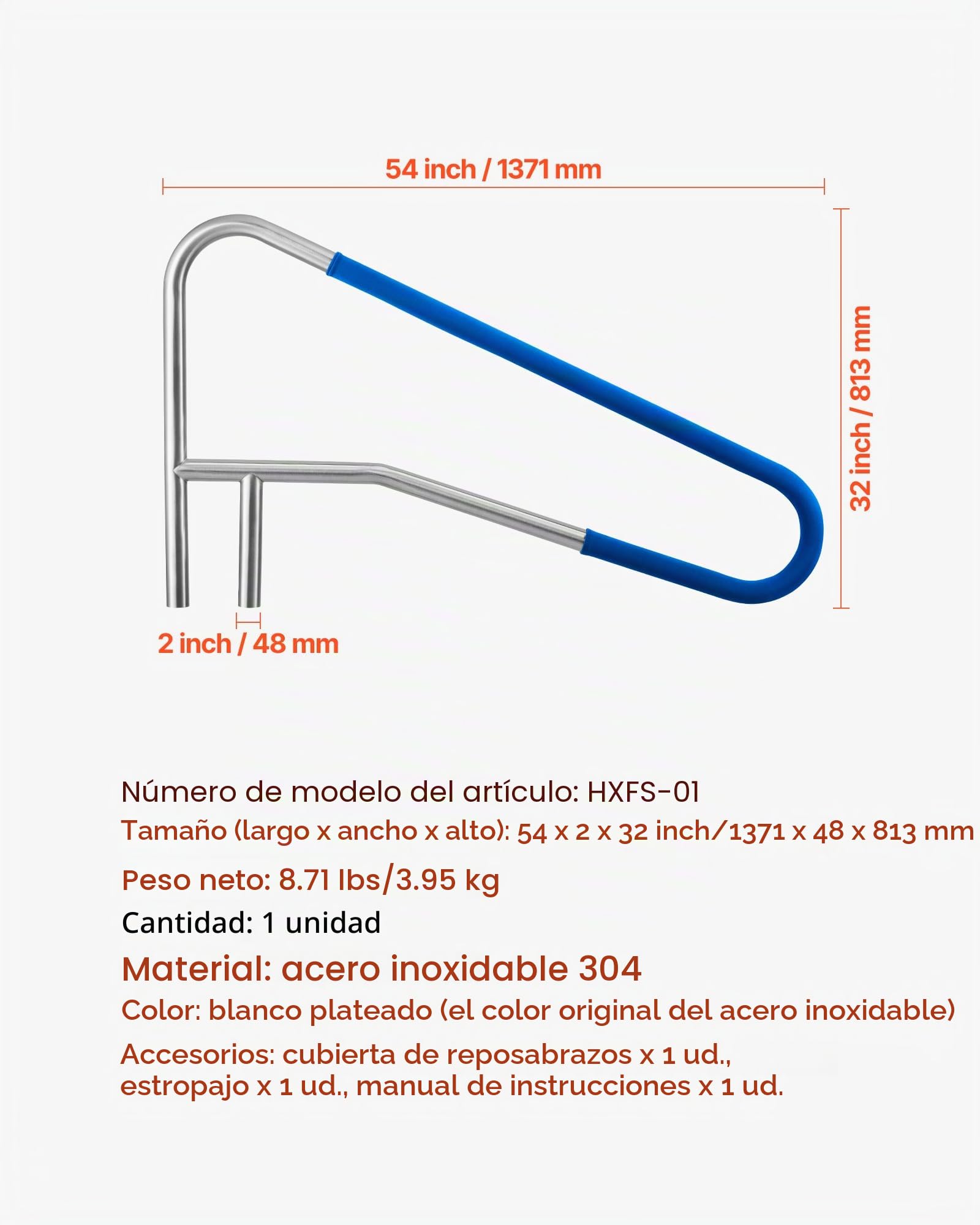 VEVOR Barandilla para Piscina, Capacidad de Carga 100 kg, Acero Inoxidable 304, Funda Antideslizante Extraíble, Montaje Empotrado o en Suelo, para Piscinas y Parques Acuáticos, 1371 x 48 x 813 mm