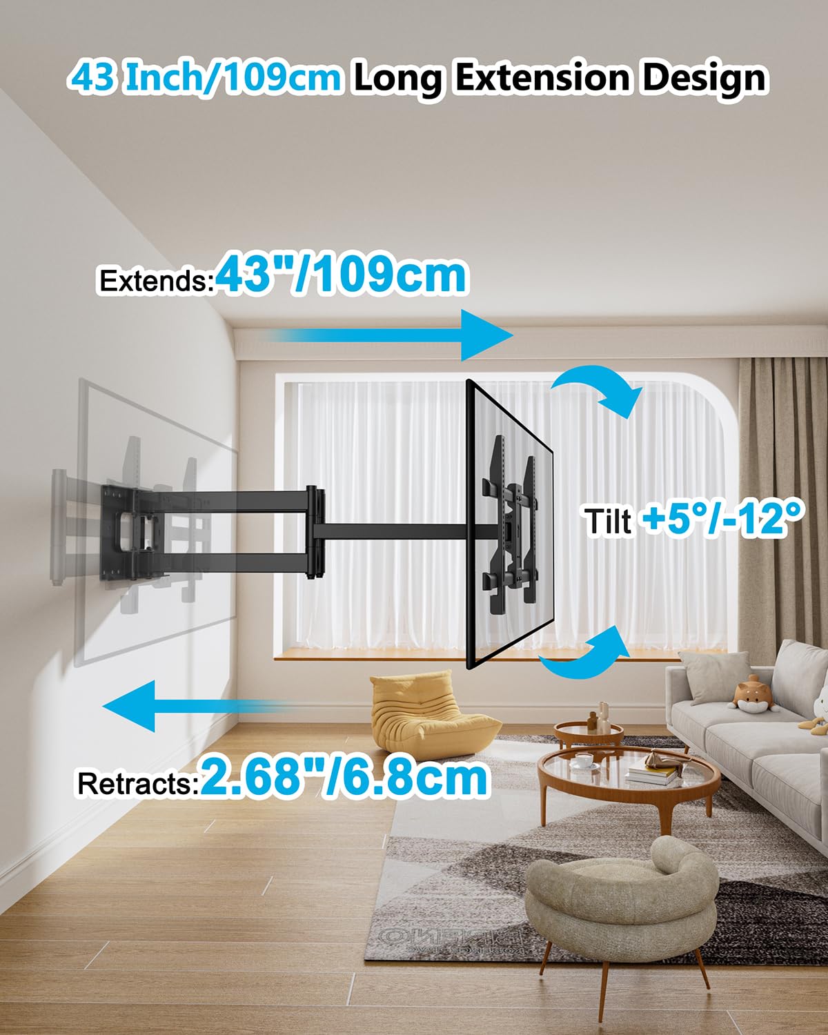 supporto tv parete FORGING MOUNT Supporto a parete per TV Braccio lungo 1090 mm orientabile e inclinabile per TV o monitor piatti e curvi da 37-90 pollici fino a 75 kg, VESA max. 600x400 mm