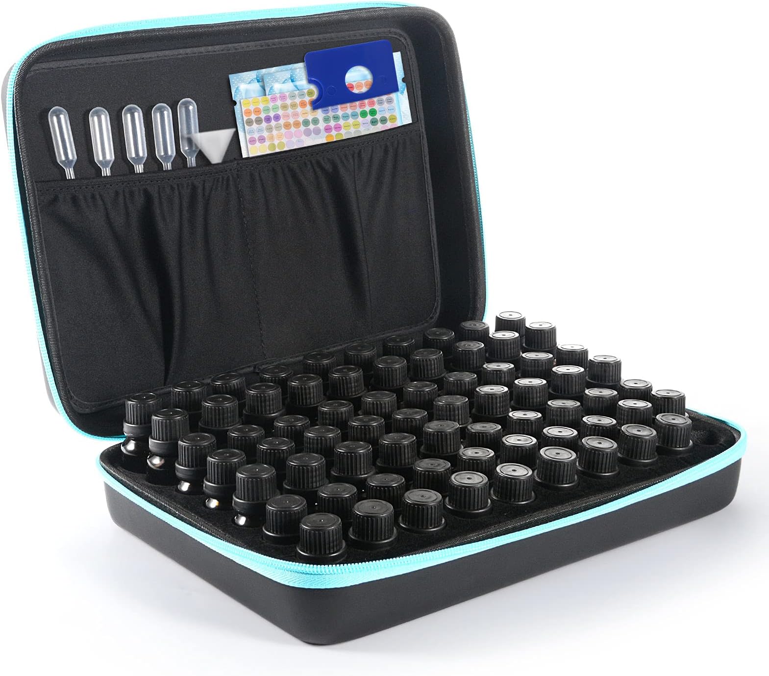 Essential Oils Storage for 70 Bottles - 192 Labels- 4Pcs Funnel -10 Pcs Transfer Pipette -1pcs Oil Bottle Opener - 5-10-15-20ml Roll on Bottles - Essential Oil Carrying Case(Black+Blue)