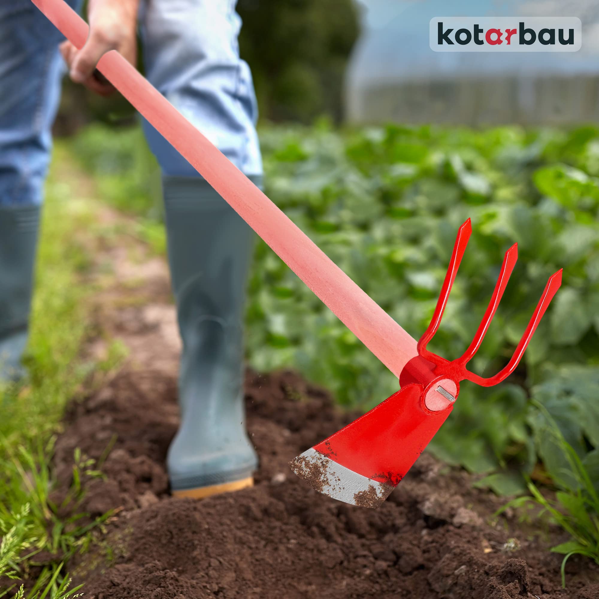 KOTARBAU® Azada de campo, 110 x 135 mm, con 3 dientes, 107 mm, de acero, mango de madera de 120 cm, azada doble, azada para plantar, herramienta de jardín para trasplantar, deshierbe, accesorios de