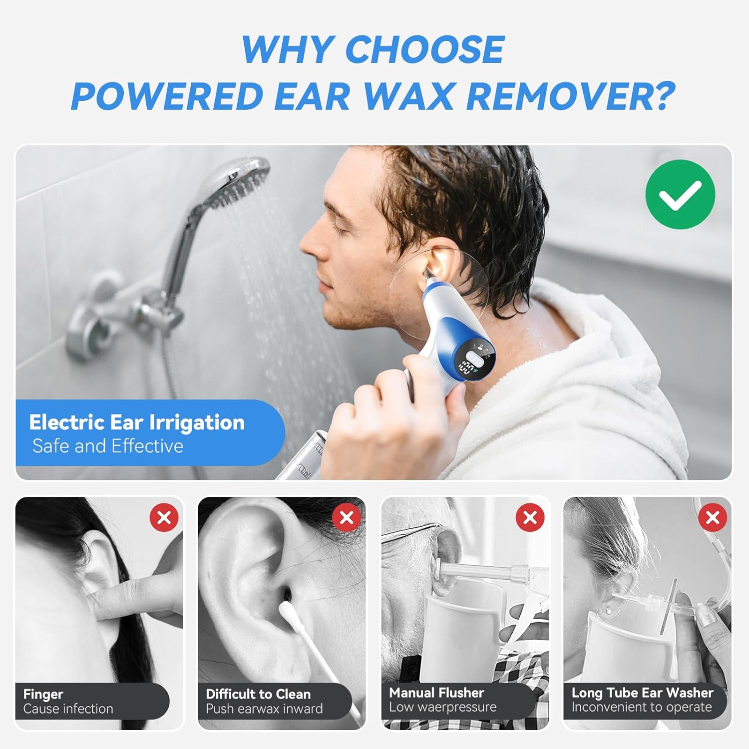 Ear Wax Removal, Electric Ear Wax Removal Kit with Light, Ear Irrigation System with 4 Pressure Modes, Real-Time Water Temp Ear Cleaner of Adults Kids, Ncludes Basin, with 12 Tips