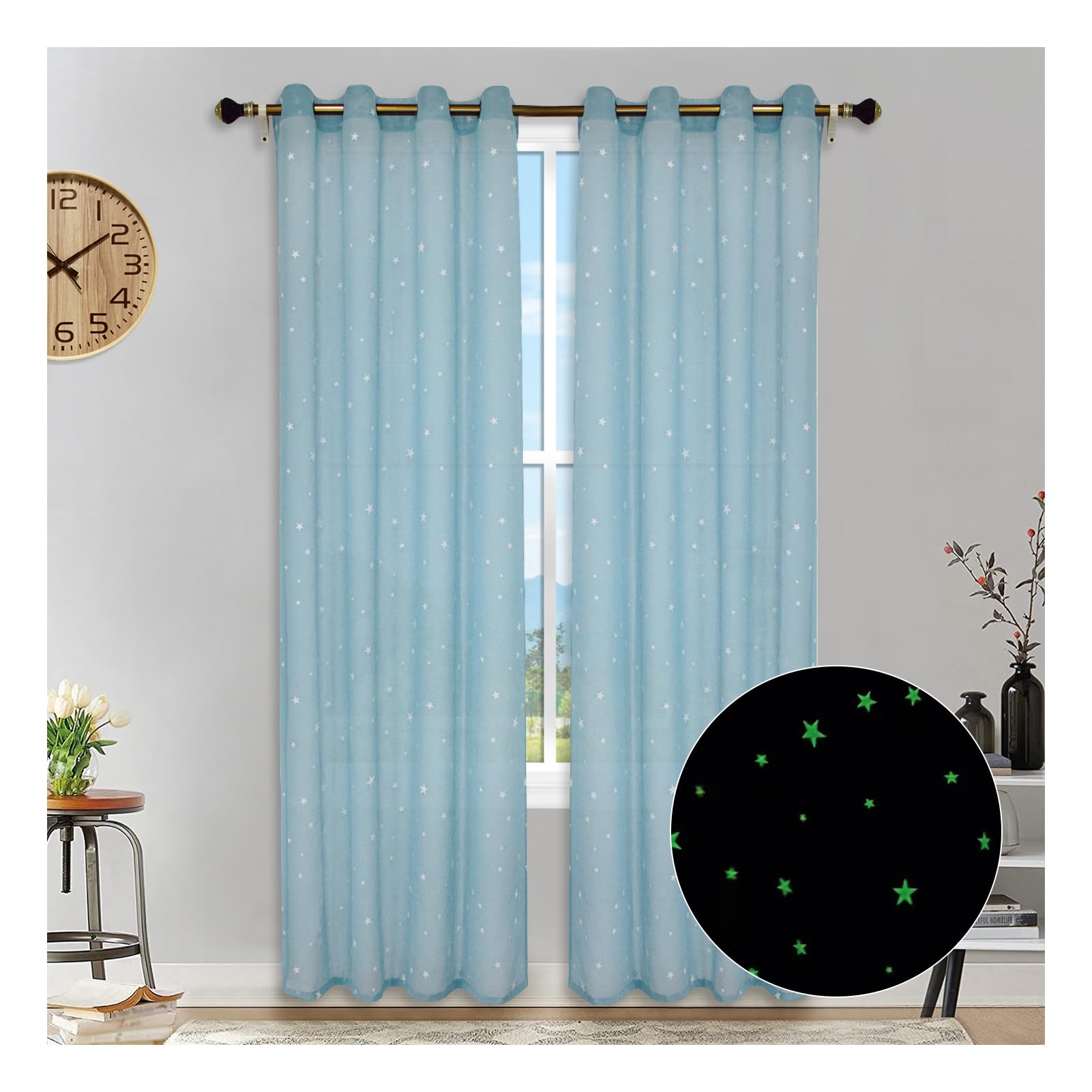 HonunGron Cortinas Salon Translucidas Cortinas Opacas 2 Pieza con Ojales, Cortinas Estrellas Fluorescentes, Cortinas Cortas, Estrellas Cortinas para Dormitorio de Los Niños (Azul,132x243cm)