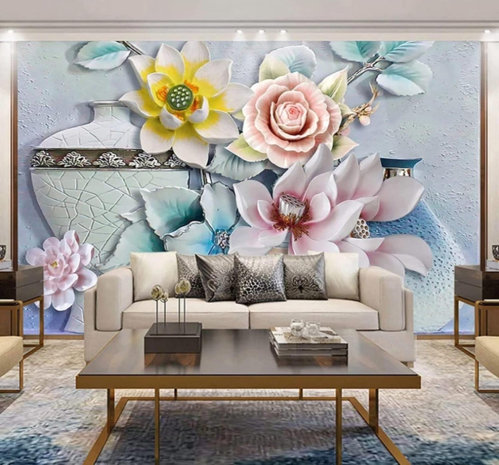 Wallpaper-3D-Xlm 430Cm×300Cm(B×H) Relief Vase Colourful Flowers Art 3D Wallpaper Easy Install Feature Office Living Room Sofa Bedroom Tv Background Wall Decoration-430Cm×300Cm