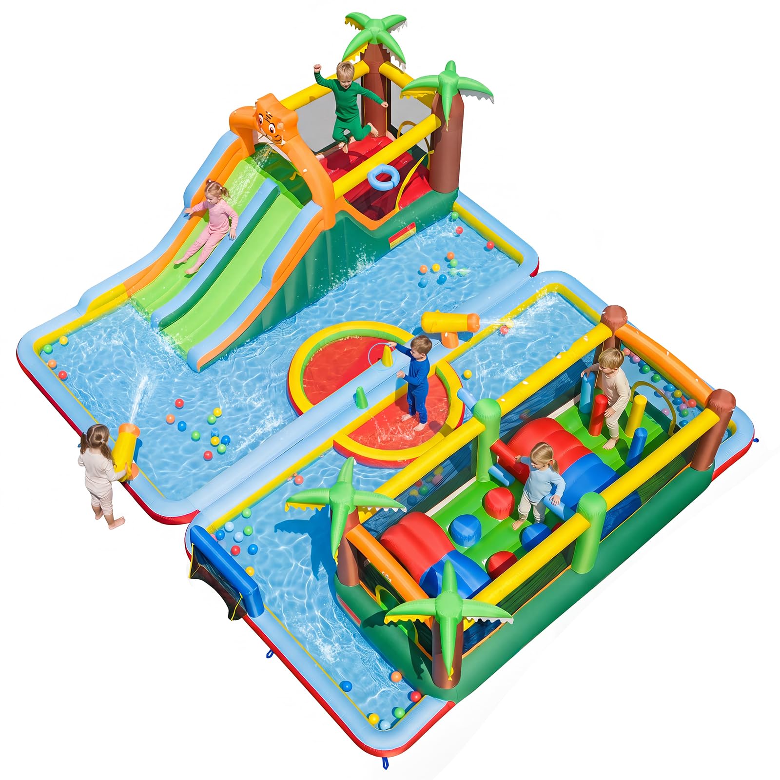 COSTWAY Hüpfburg XXL, Wasserpark, einzeln oder kombiniert verwenden | Bouncy Castle mit 2 Rutschen, Sprungbereich, Kletterwand, Ringwurfspiel, Planschbecken & 2 Wasserpistolen