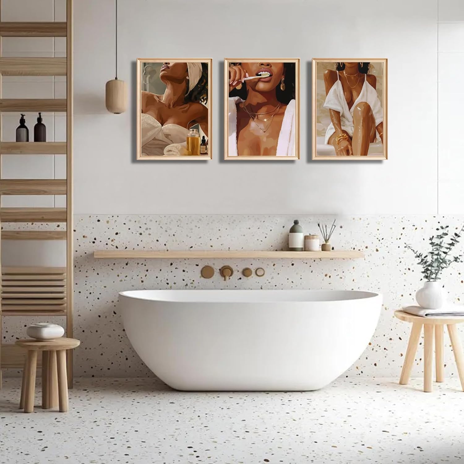 VONFRAENIT 3 Pcs Fashion Black Girl Bathroom Wall Art African American Women Painting Funky Girl Room Wall Decor Pictures for Powder Room Restroom Dorm Bathroom Apartment Decorations Unframed