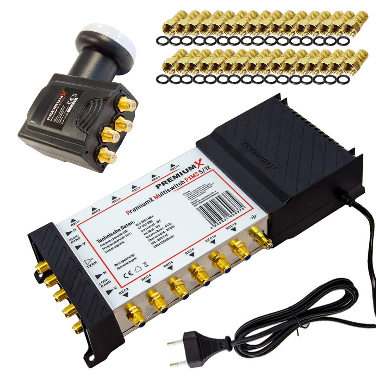 Premium X Multischalter Set 5/12 Multiswitch Deluxe Quattro LNB 32x F-Stecker, Signalverteiler 1 SAT für 12 Teilnehmer
